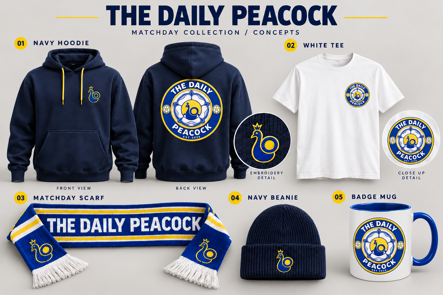 The Daily Peacock merchandise concepts: navy hoodie, white T-shirt, blue and yellow scarf, navy beanie and badge mug